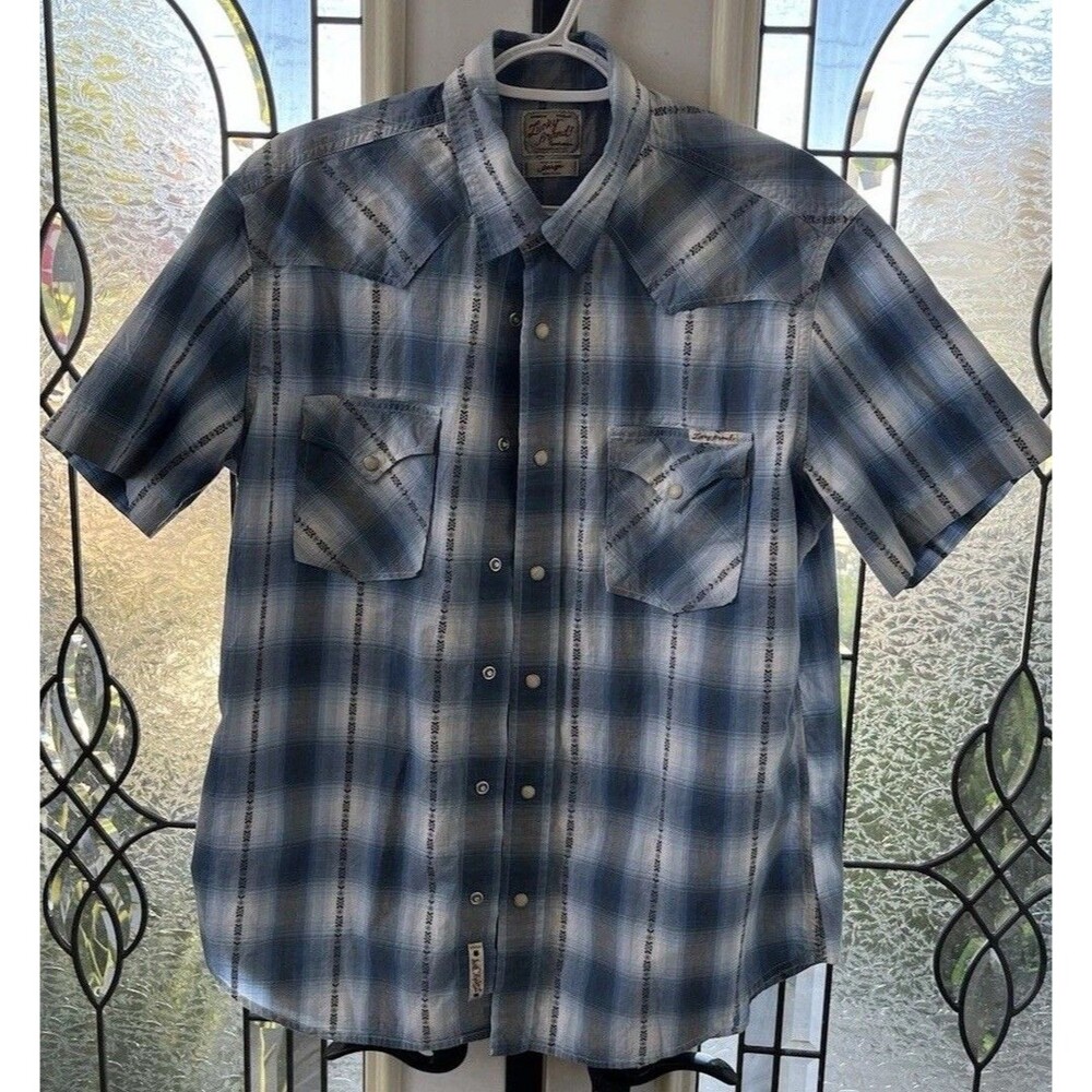 Lucky Brand Mens Button Down Shirt Large Blue White Plaid Pearl Snap Y2K Casual